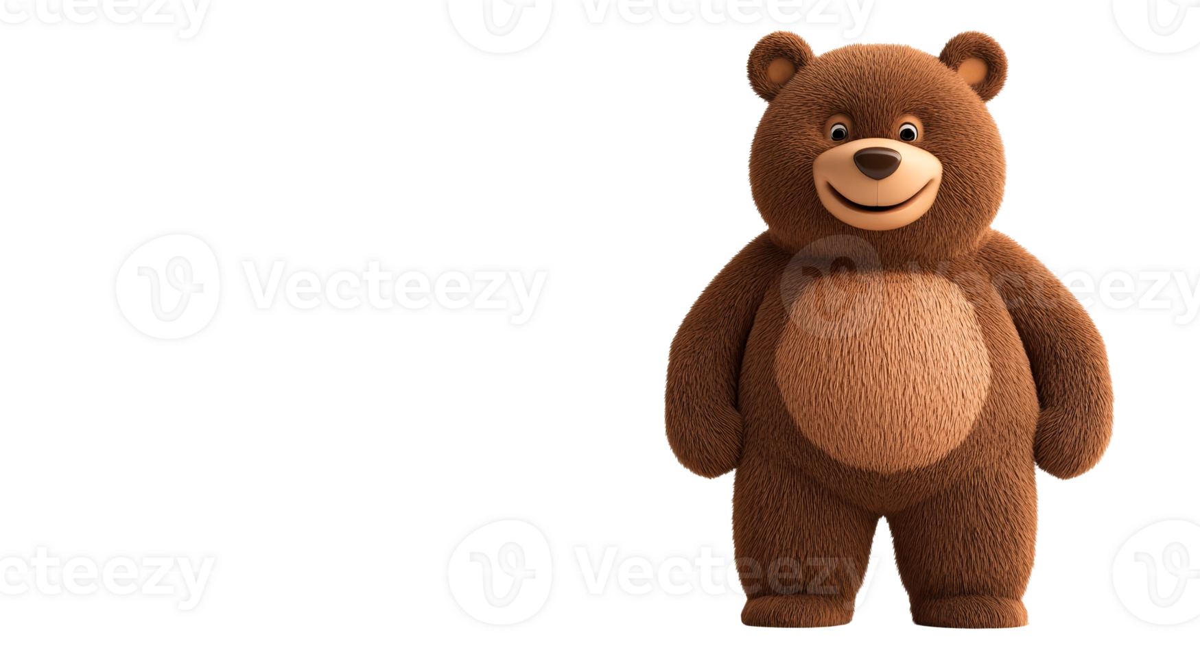 Fluffy brown teddy bear smiles sweetly, standing tall, cut out transparent png