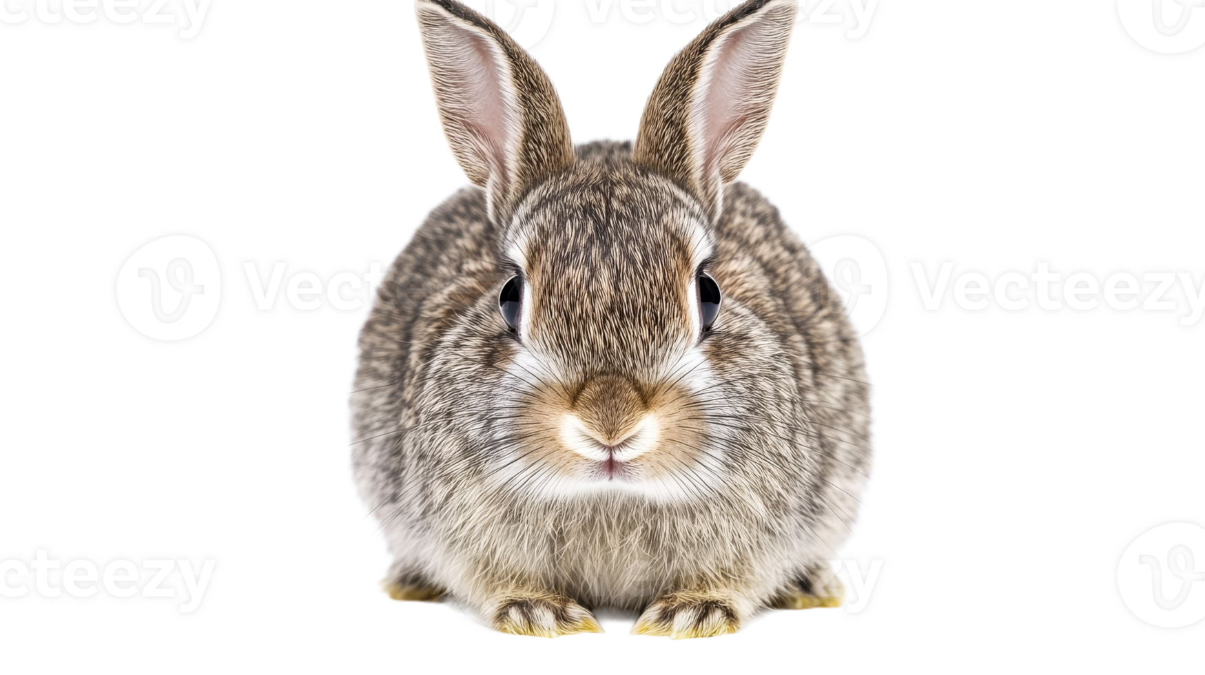 Adorable gray bunny with long ears on black background, cut out transparent png