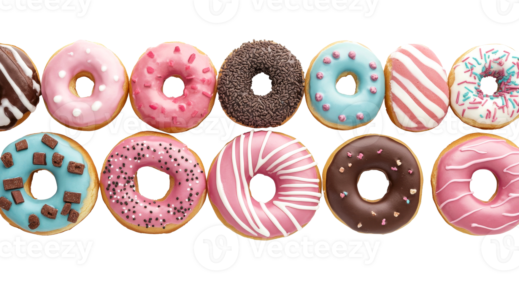 Assorted donuts with different toppings, isolated, cut out transparent png