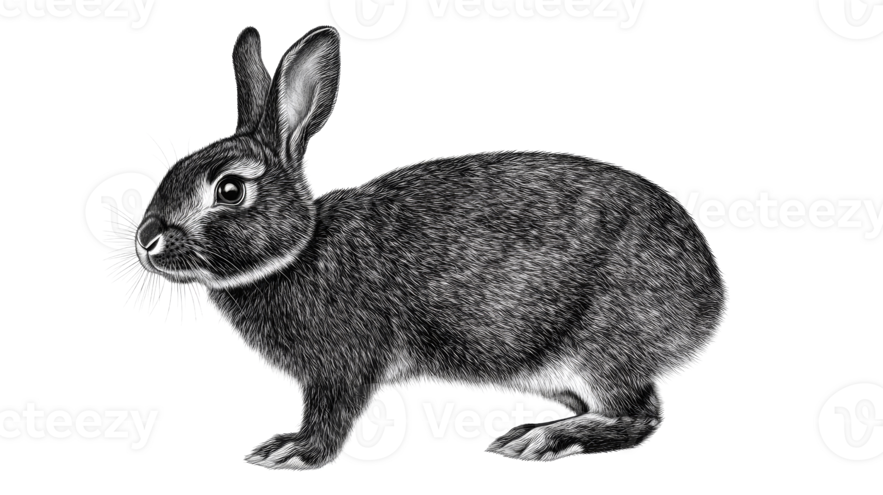 Engraving of a gray rabbit side view portrait, cut out transparent png