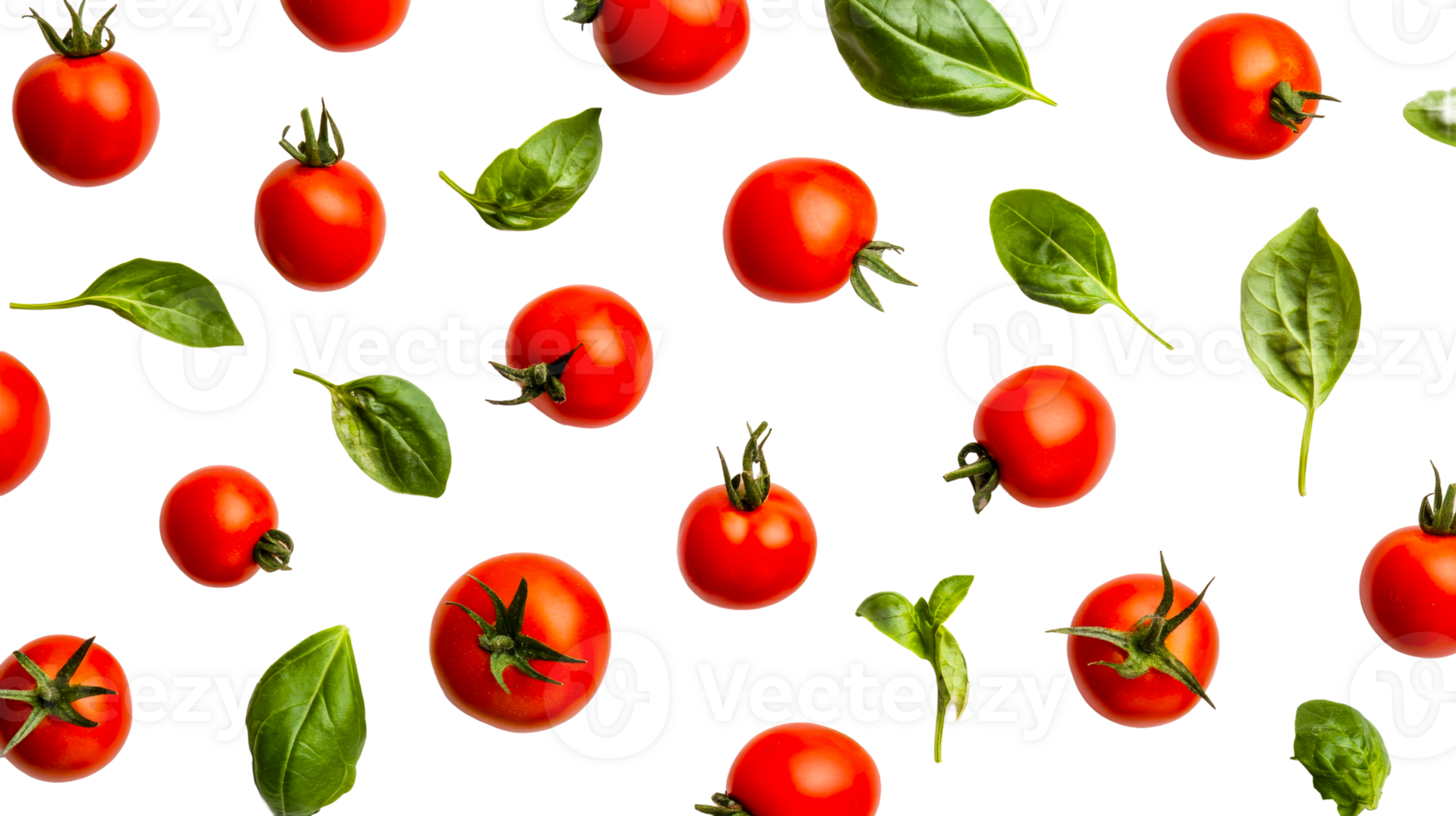 Cherry tomatoes and basil leaves on black background, cut out transparent png