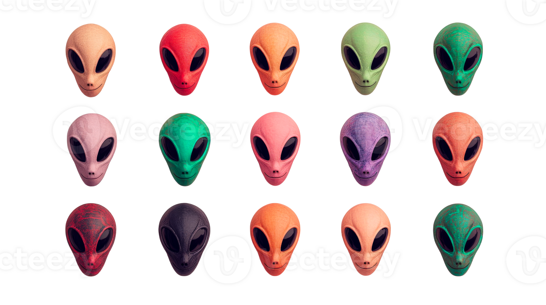 Group of extraterrestrial heads in various colors on black backdrop, cut out transparent png