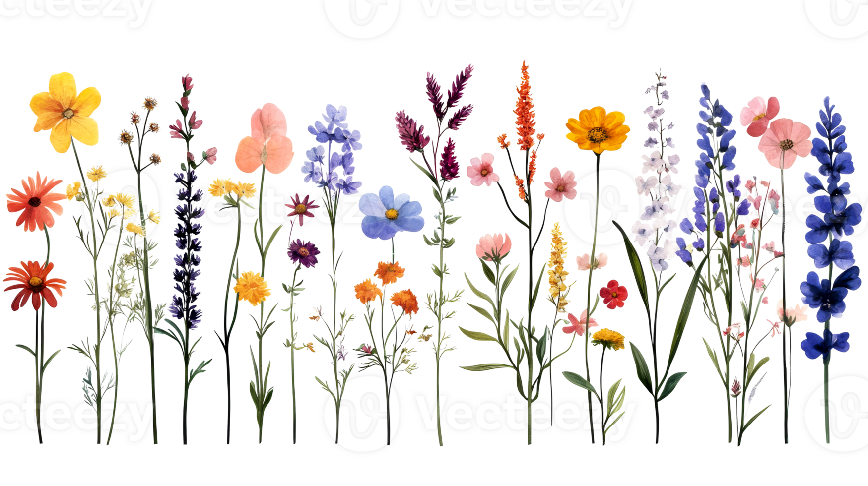 Colorful, diverse wildflower illustration on black, botanical arrangement, cut out transparent png