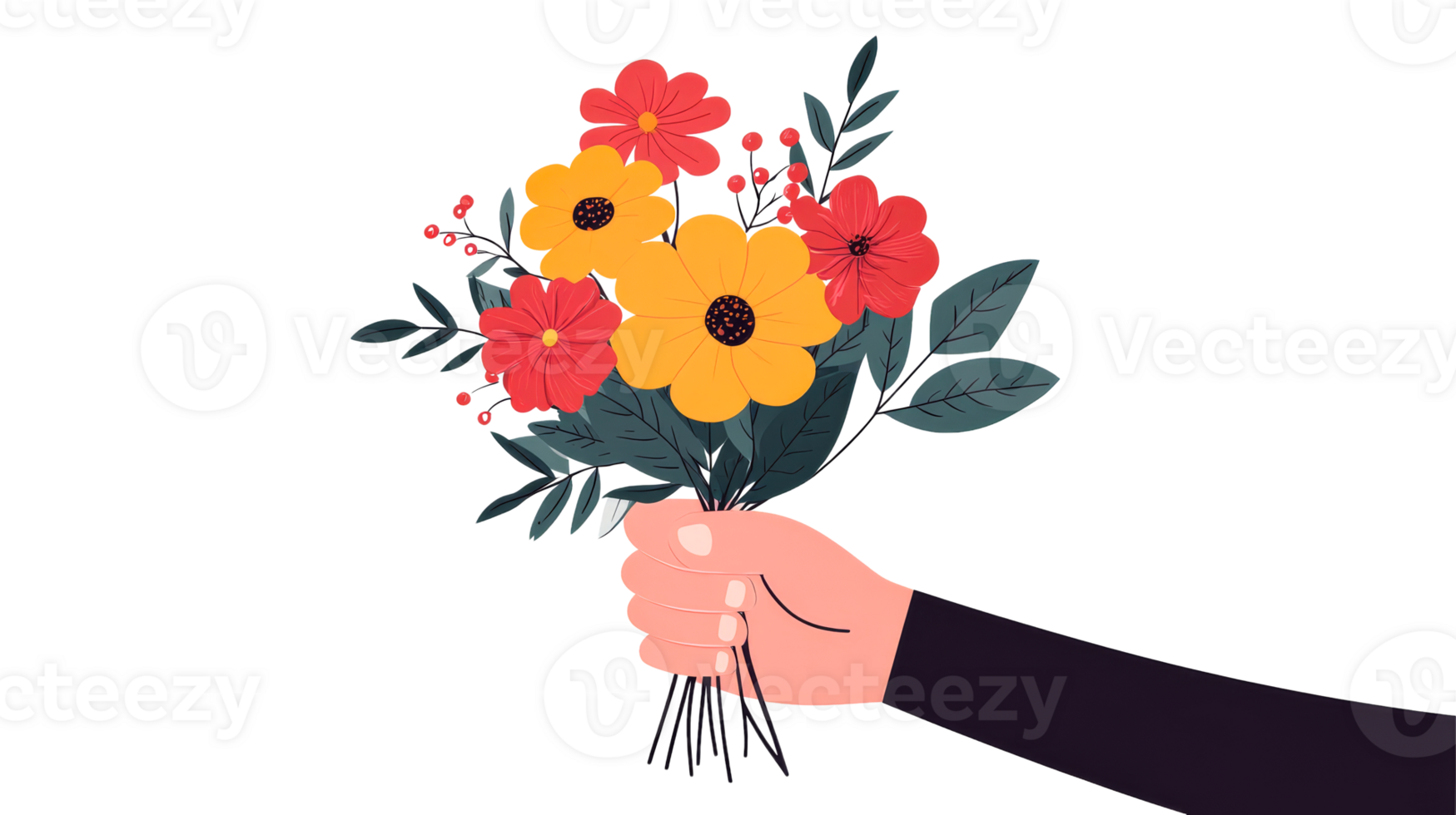 Hand holding bouquet of flowers, blossom illustration, cut out transparent png