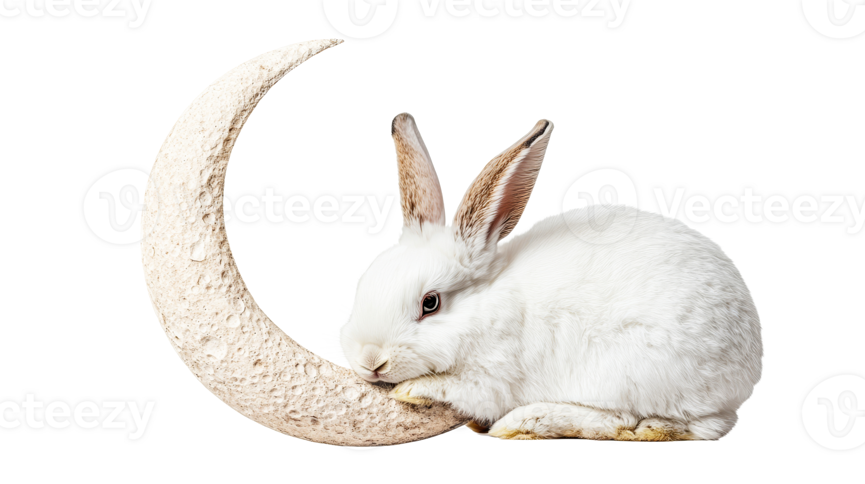 White rabbit resting on a crescent moon, adorable, fairytale, cut out transparent png