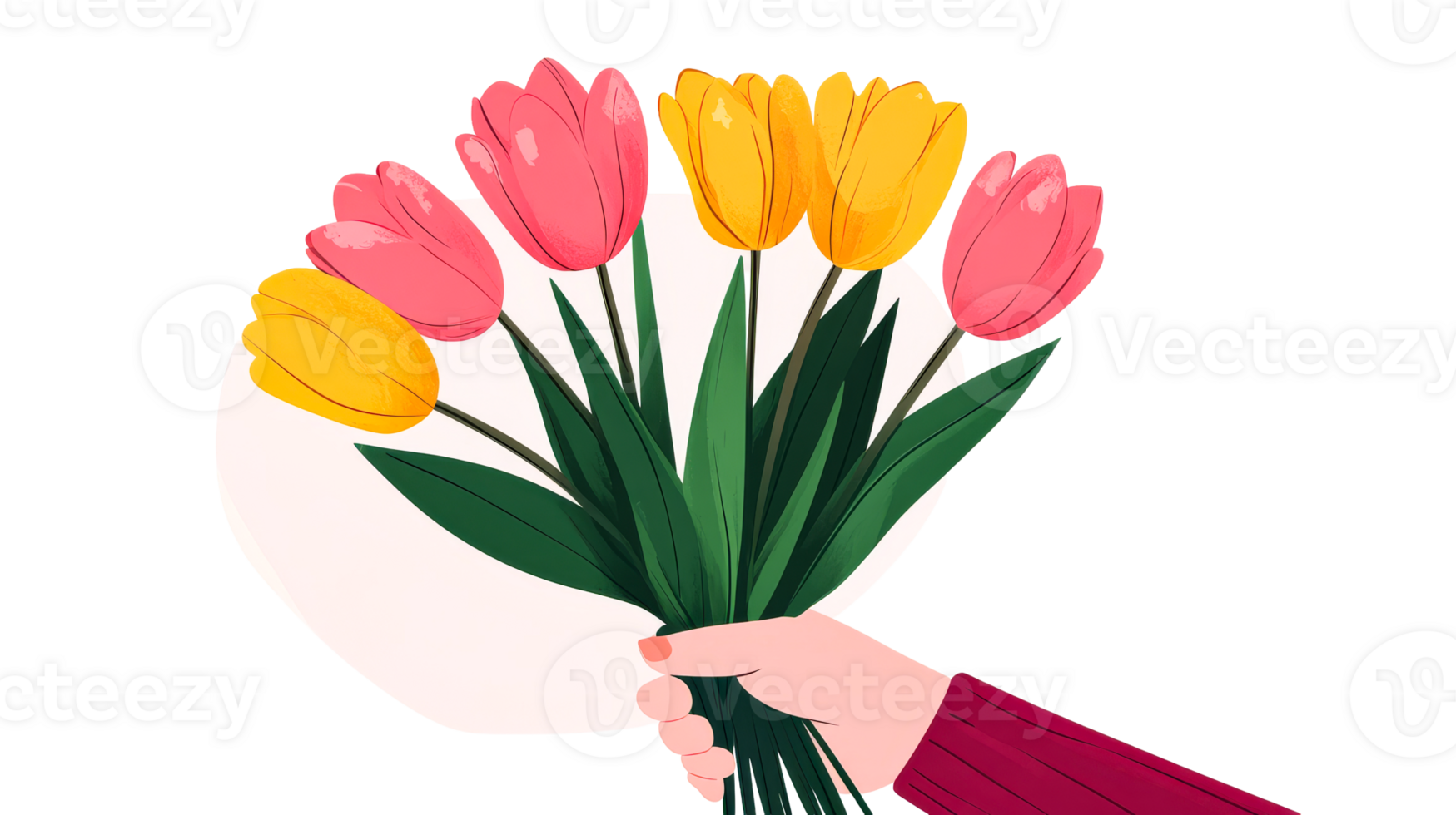 Hand holding tulips bouquet, colorful and vibrant, cut out transparent png