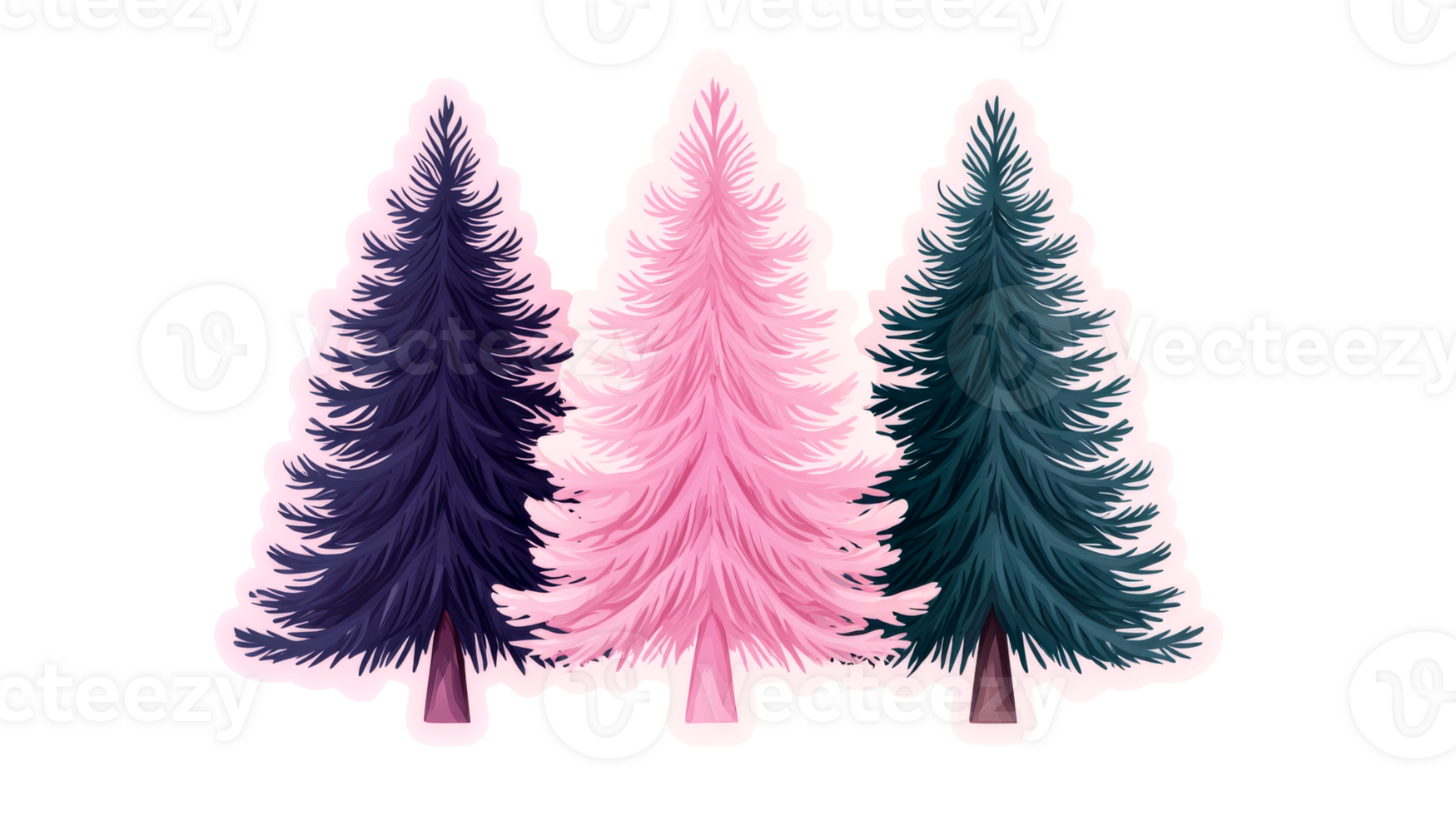 Three colorful pine trees standing side by side, cut out transparent png