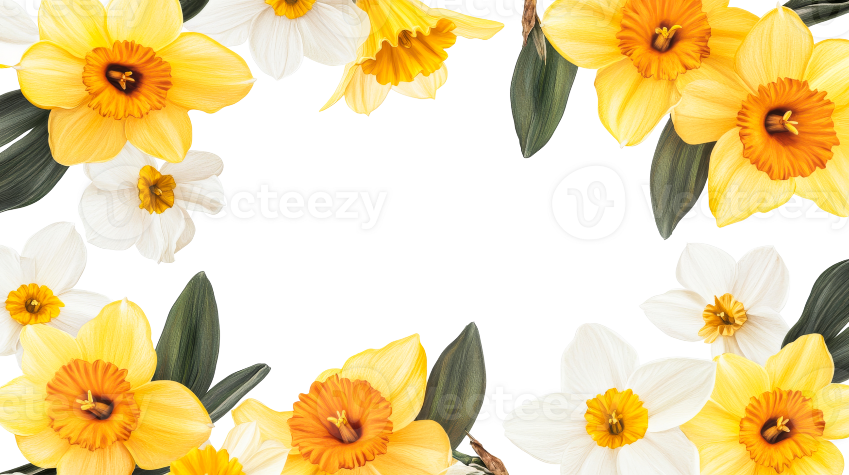 Daffodils floral frame, spring flowers arrangement, decoration, cut out transparent png