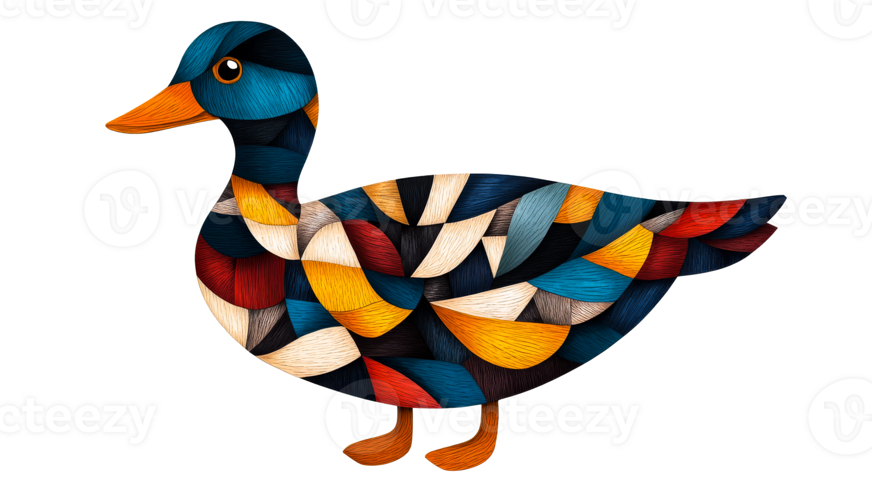 Artistic duck illustration with colorful feather patterns, cut out transparent png