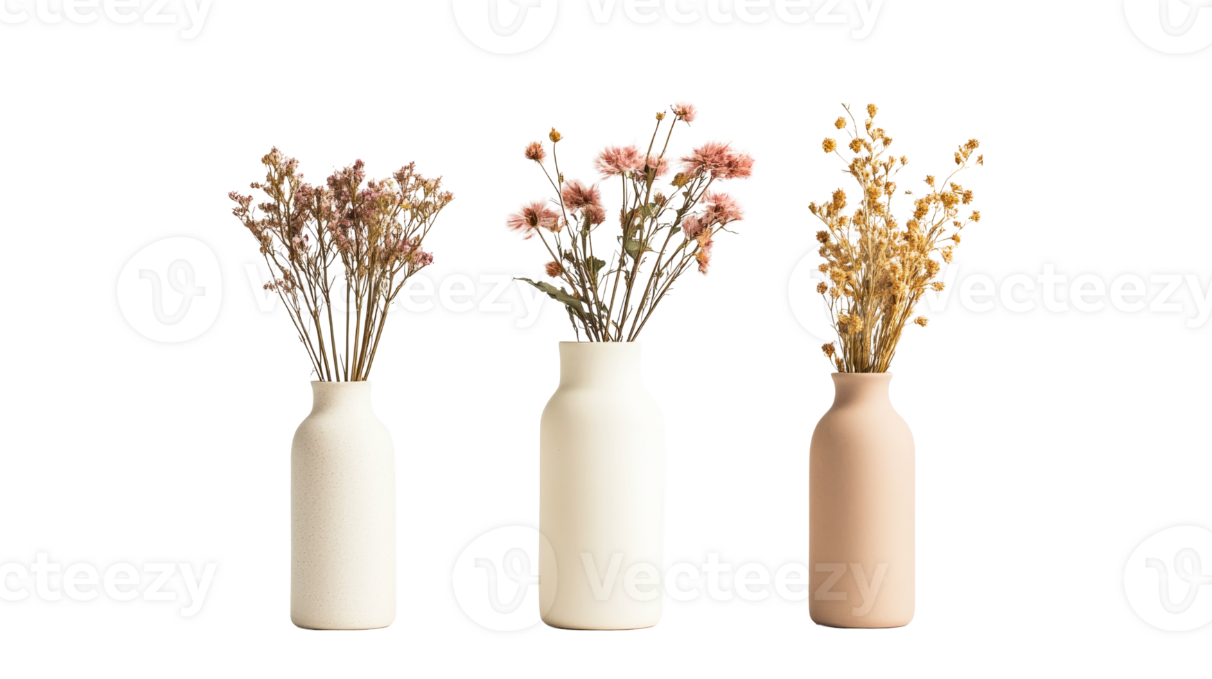 Three decorative vases with dried flowers on black background, cut out transparent png