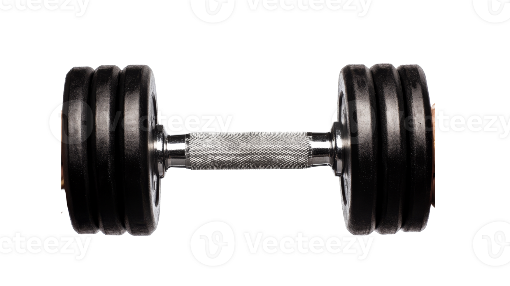 Black metal dumbbell with knurled handle on black background, cut out transparent png