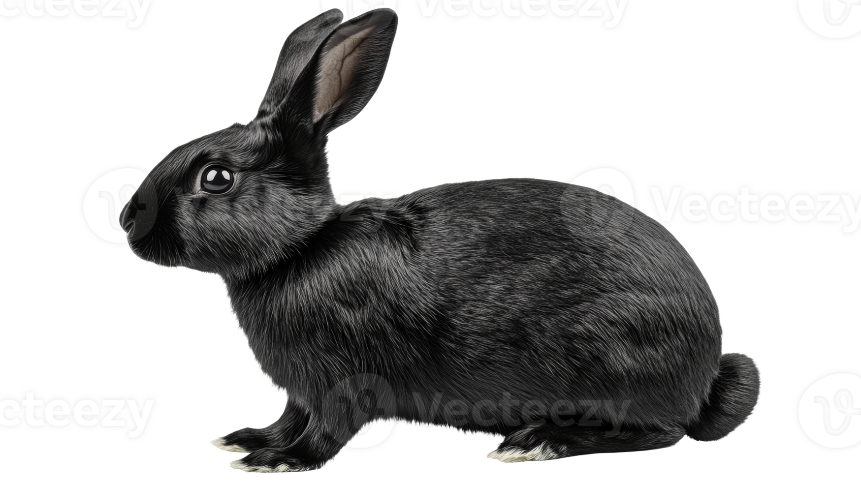 Close-up of a shiny black rabbit isolated against a black background, cut out transparent png