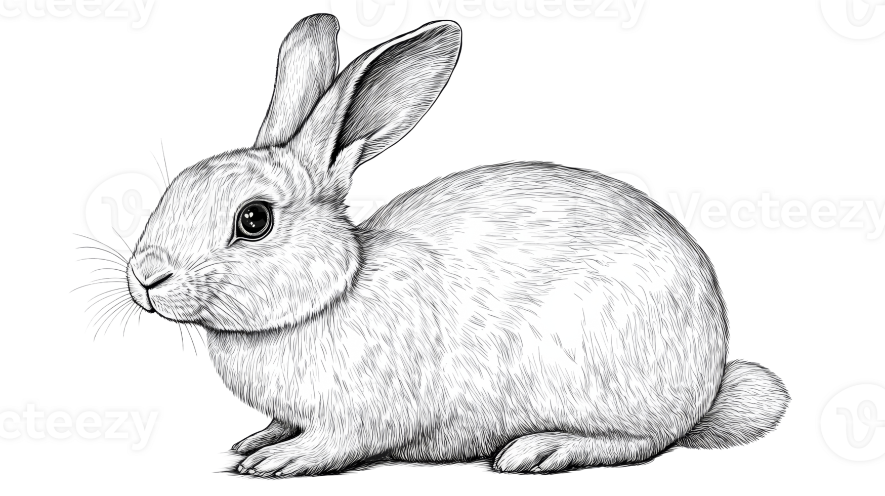 Rabbit drawing in black and white on black background, cut out transparent png