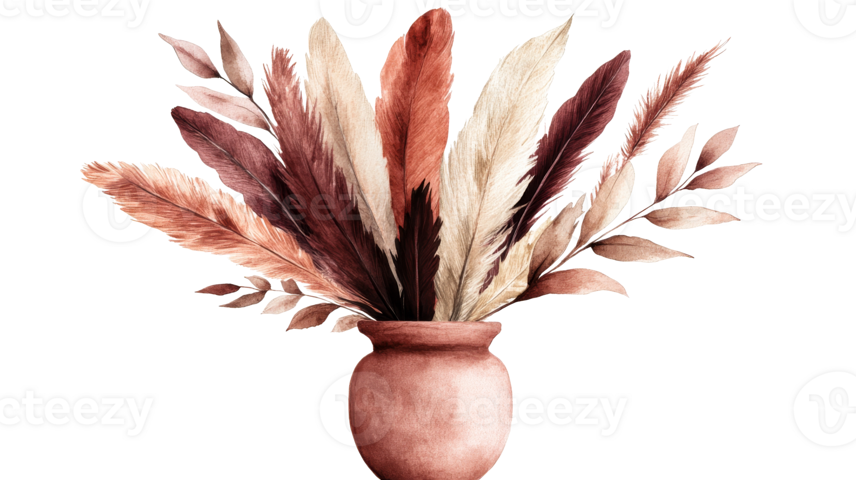 Boho feathers and leaves in vase, watercolor illustration, cut out transparent png