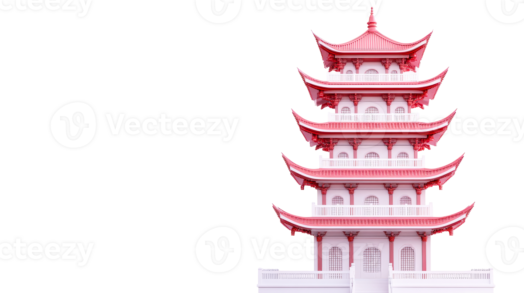 Intricate Pagoda Tower with Red Accents on Black Background, cut out transparent png