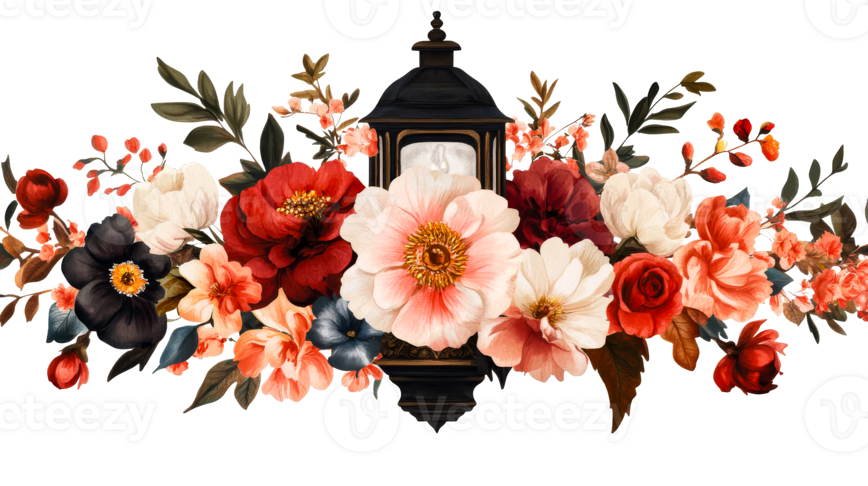 Floral arrangement with lantern, roses and peonies, cut out transparent png
