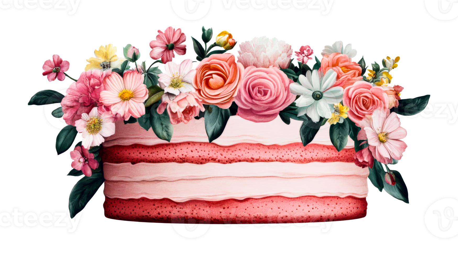 Layered cake decorated with flowers illustration, cut out transparent png