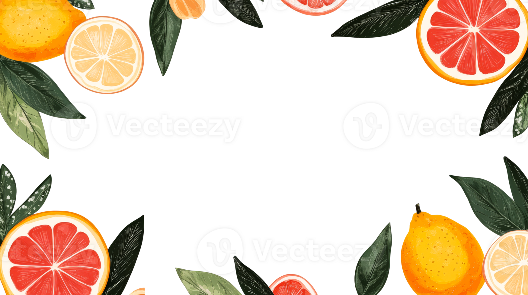Frame of Fresh Citrus Fruits and Green Leaves, cut out transparent png