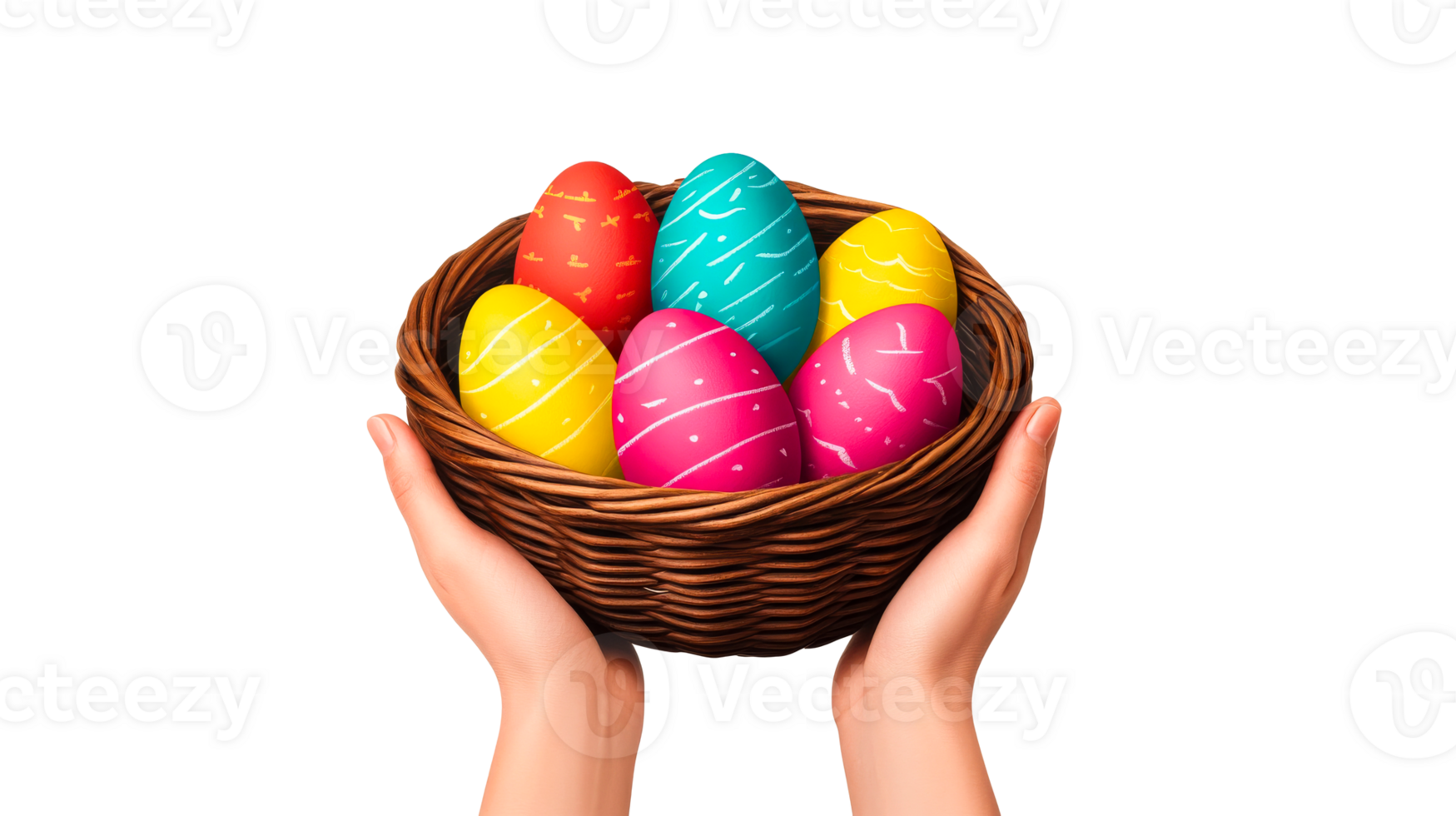 Hands holding basket with Easter eggs, colorful designs, cutout transparent png
