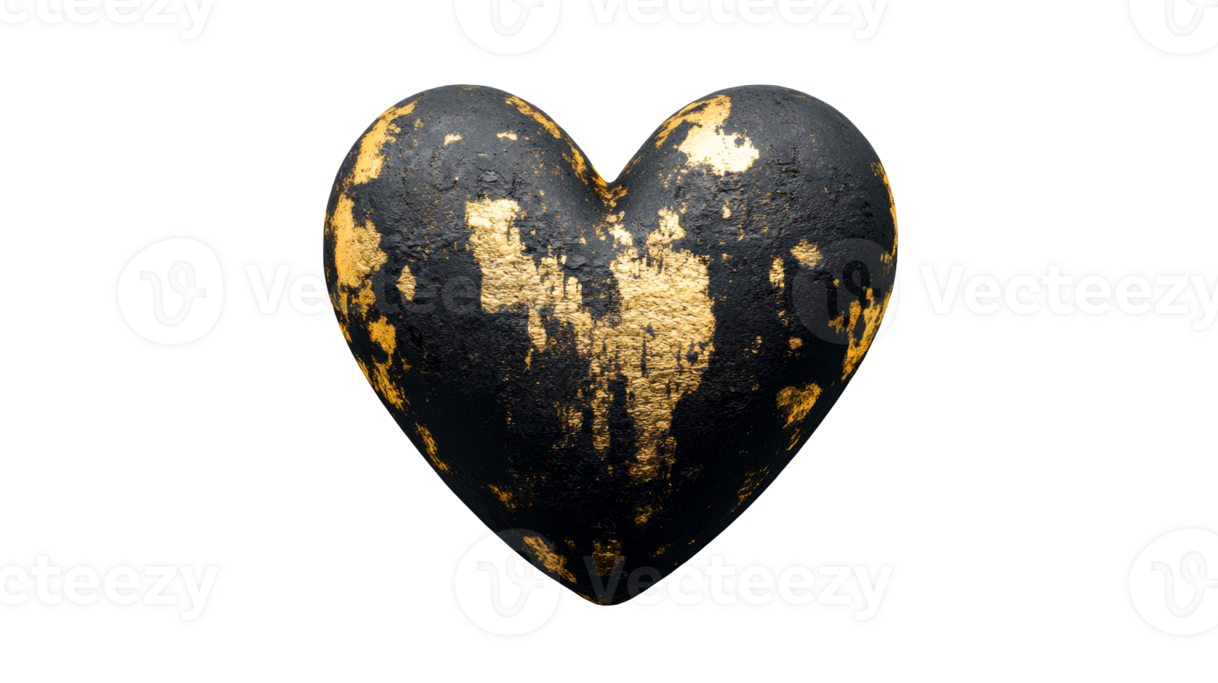 Stone heart with gold leaf on black background, cut out transparent png