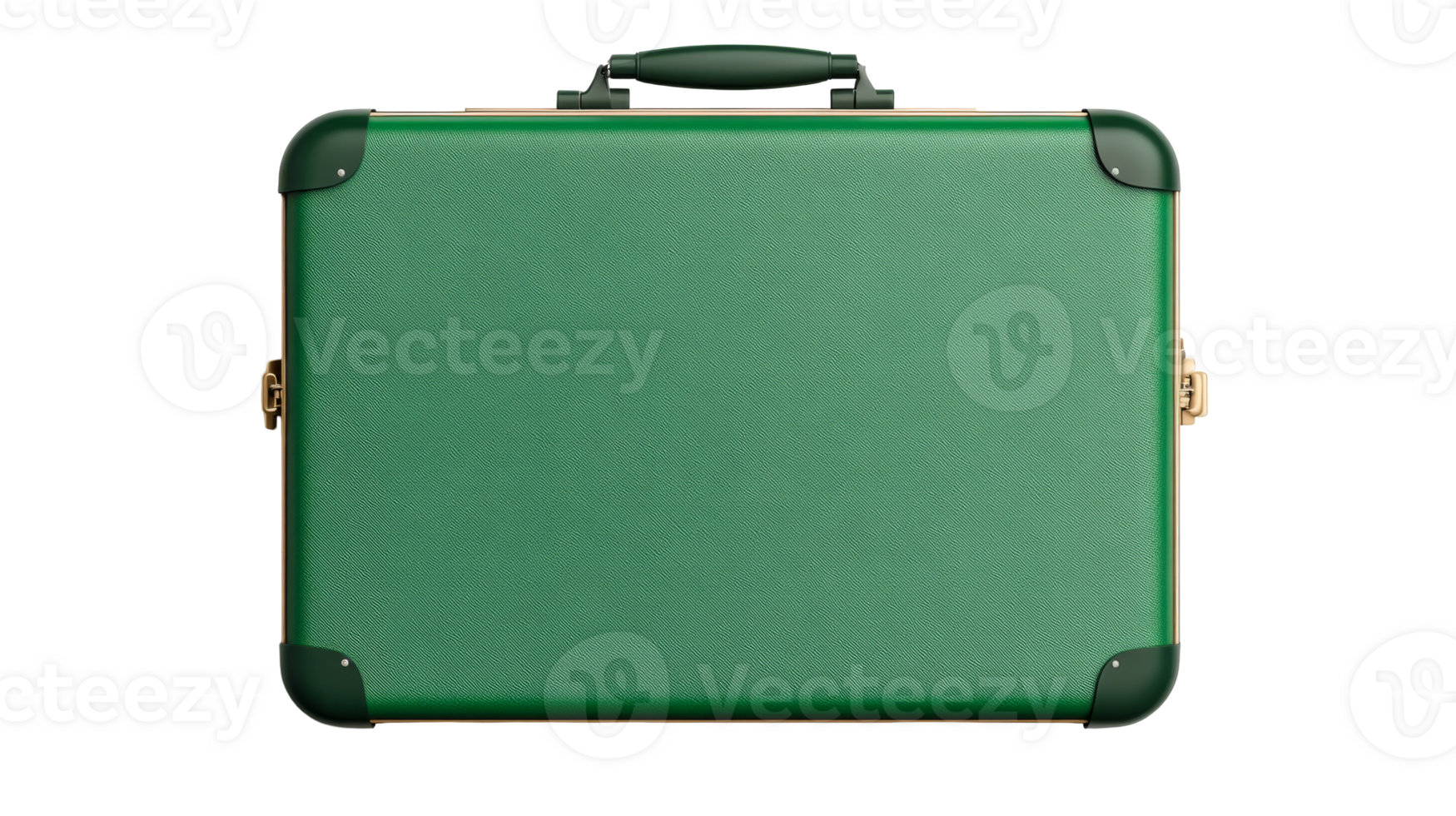 Green suitcase on black backdrop with handle, cut out transparent png