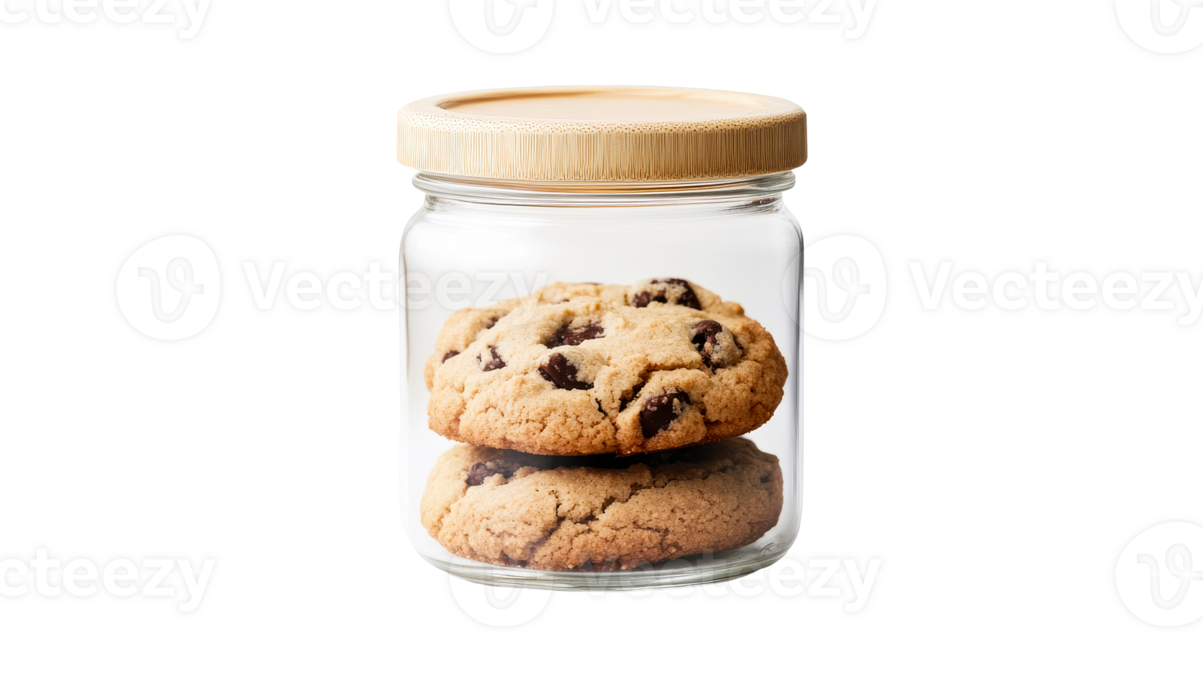 Delicious chocolate chip cookies in glass jar with wooden lid, cut out transparent png