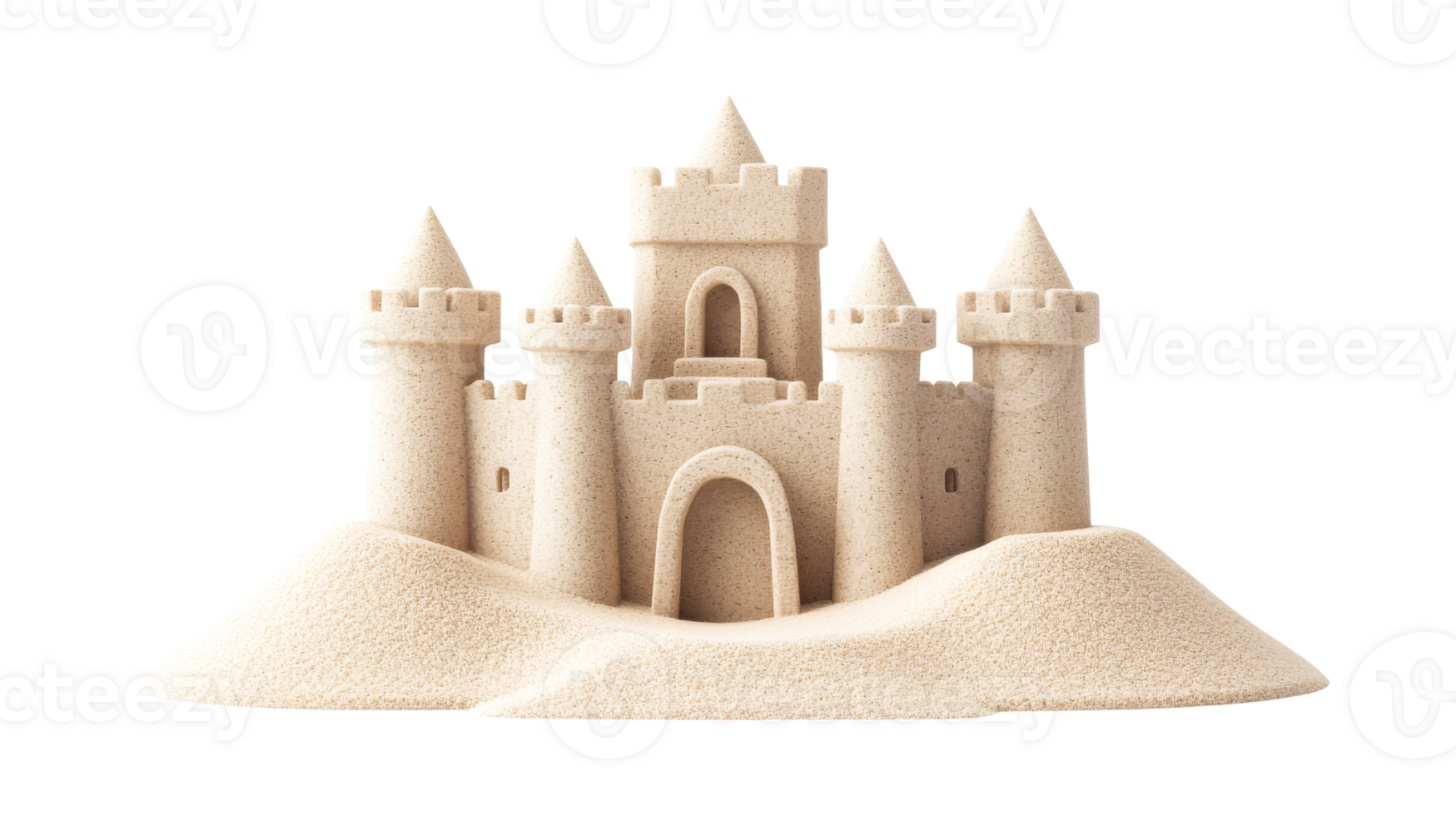 Sandcastle with towers on mound, elaborate architecture, cut out transparent png