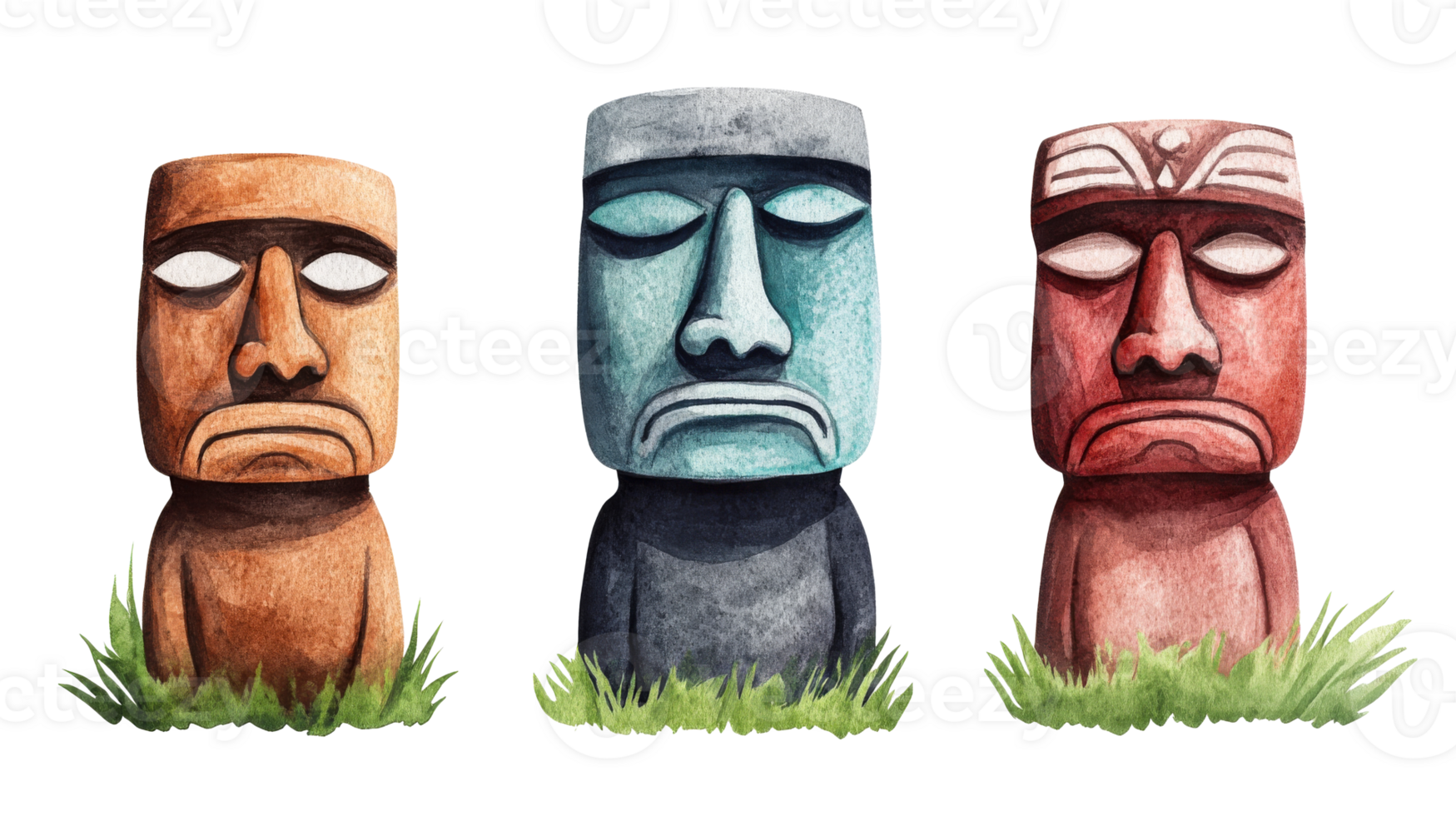 Three varied statues, island art culture, design, cut out transparent png