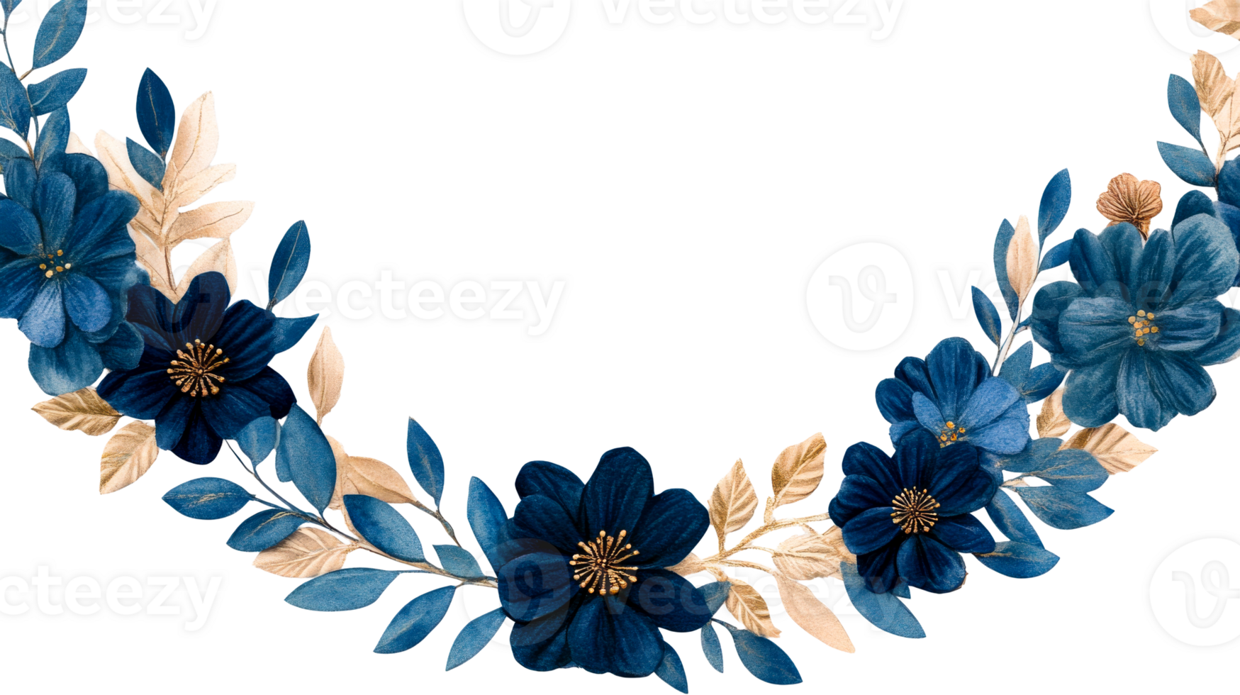 Floral blue and gold arc watercolor, delicate, beautiful, elegant, cut out transparent png