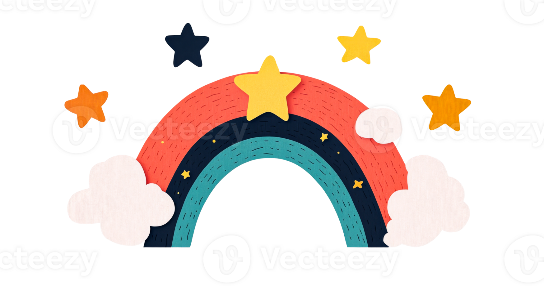 Colorful rainbow with stars and clouds, night sky scenery, cut out transparent png