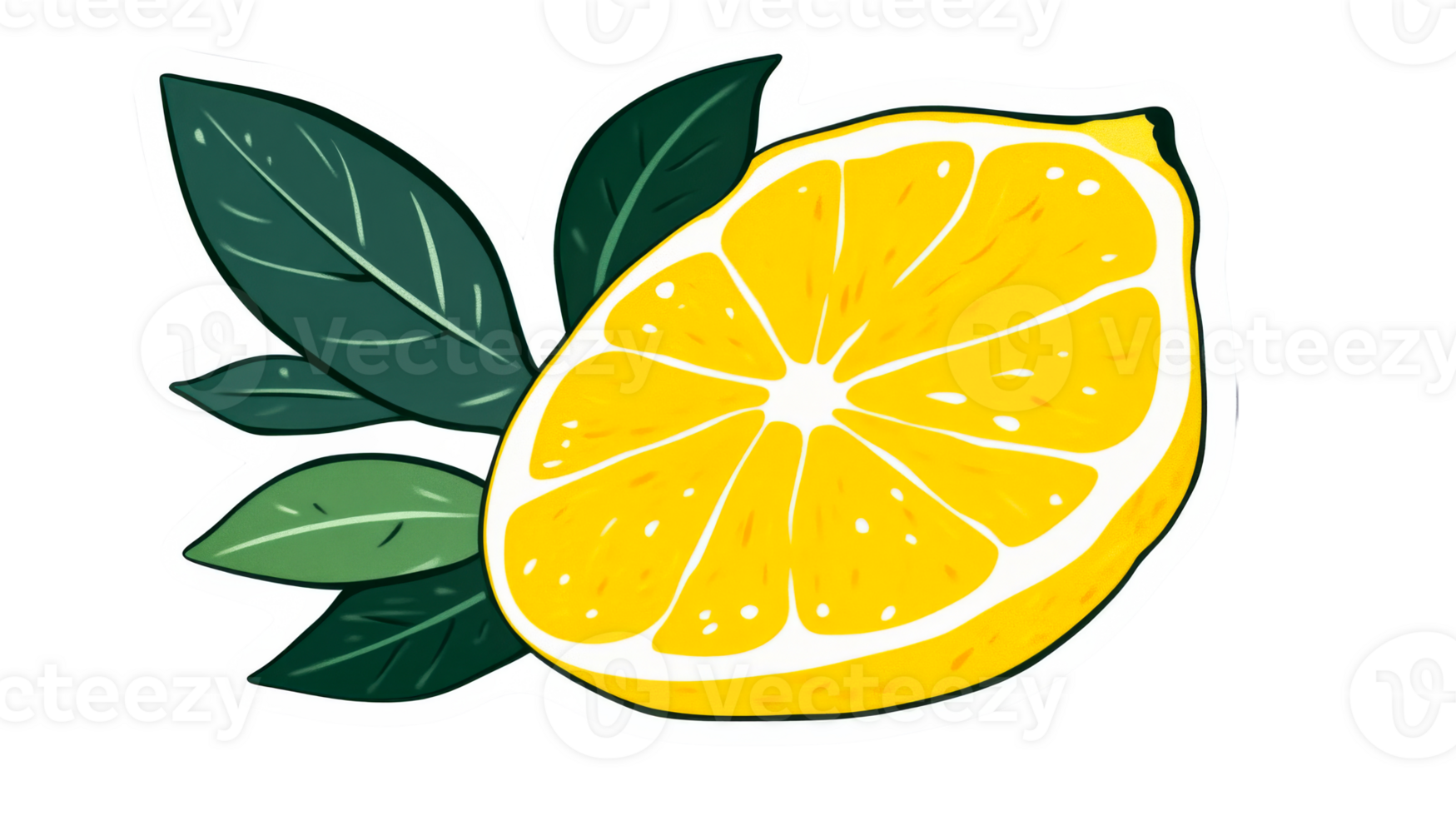 Fresh lemon slice with leaves, vibrant yellow fruit, citric acid, cut out transparent png