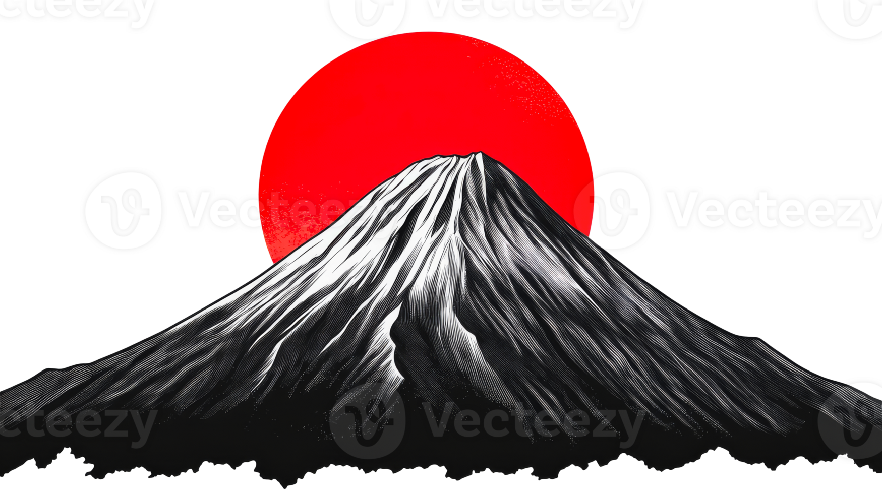 Mountain Fuji with red sun illustration in woodcut style, cut out transparent png