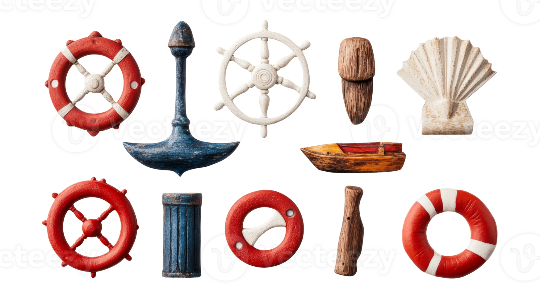 Nautical themed objects arrangement on black backdrop, cut out transparent png