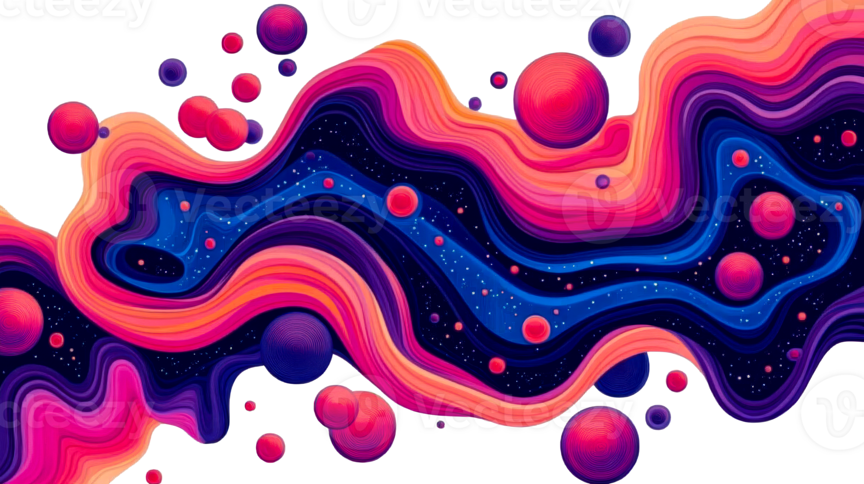 Swirls with colorful orbs on black background, cut out transparent png