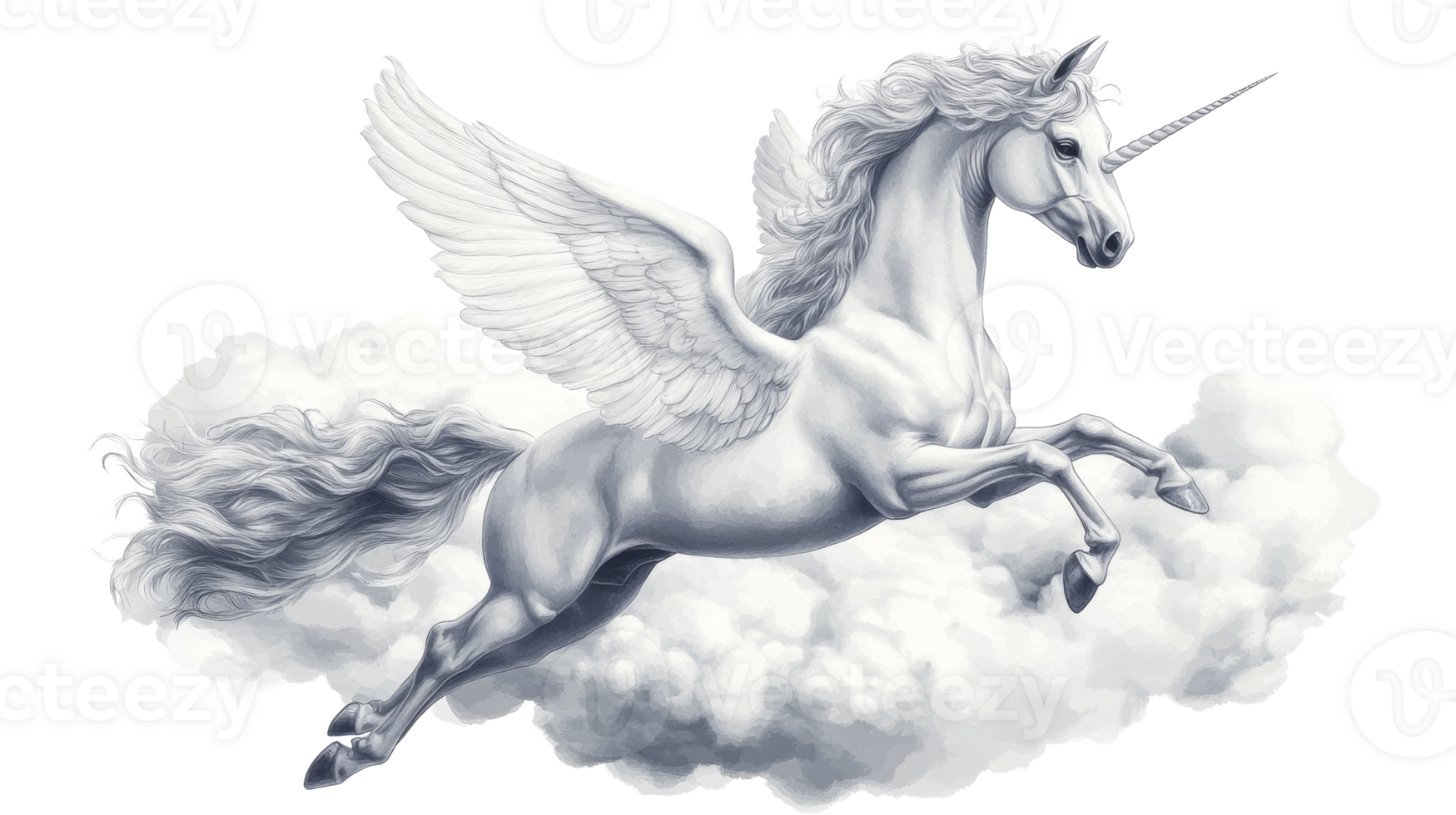 White unicorn with wings leaps from clouds, cut out transparent png