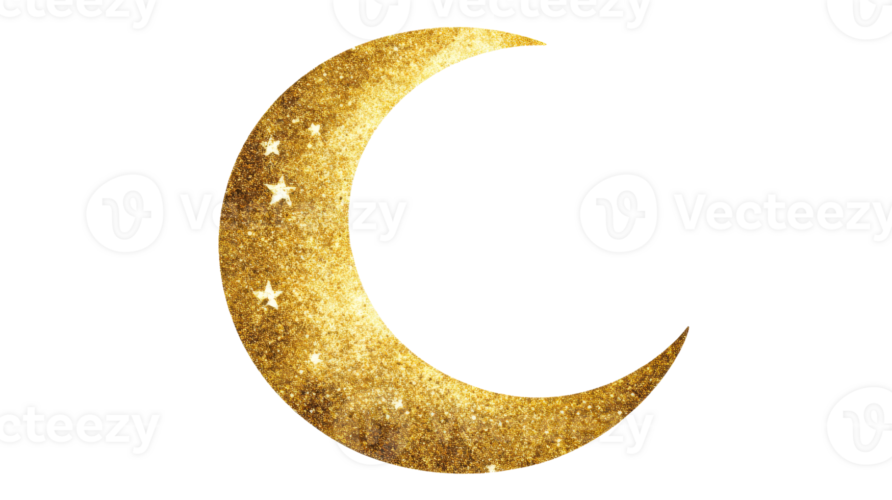 Golden crescent moon glittering on black background, cut out transparent png