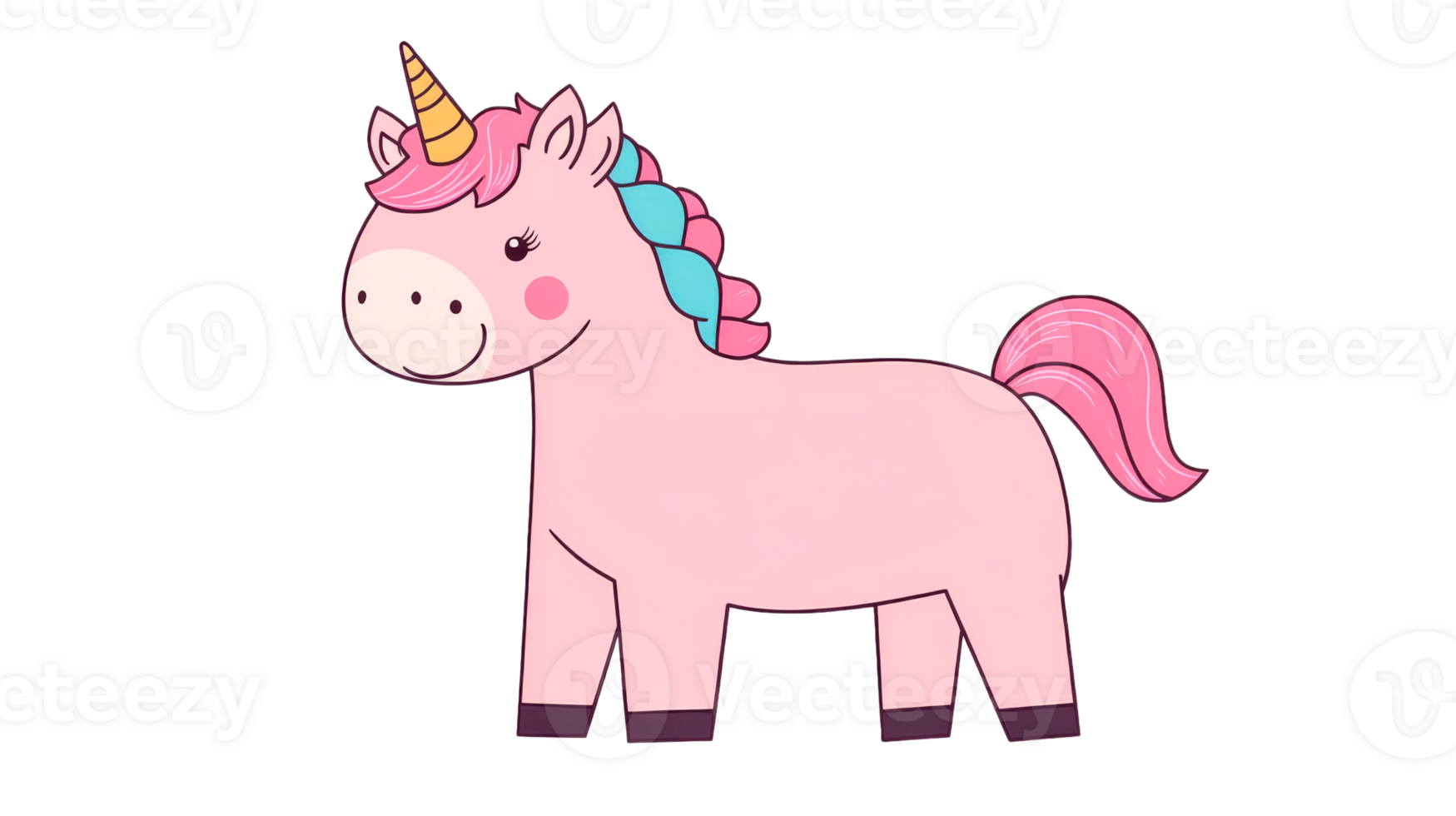 Smiling Unicorn with Pink Mane and Tail on Black Background, cut out transparent png