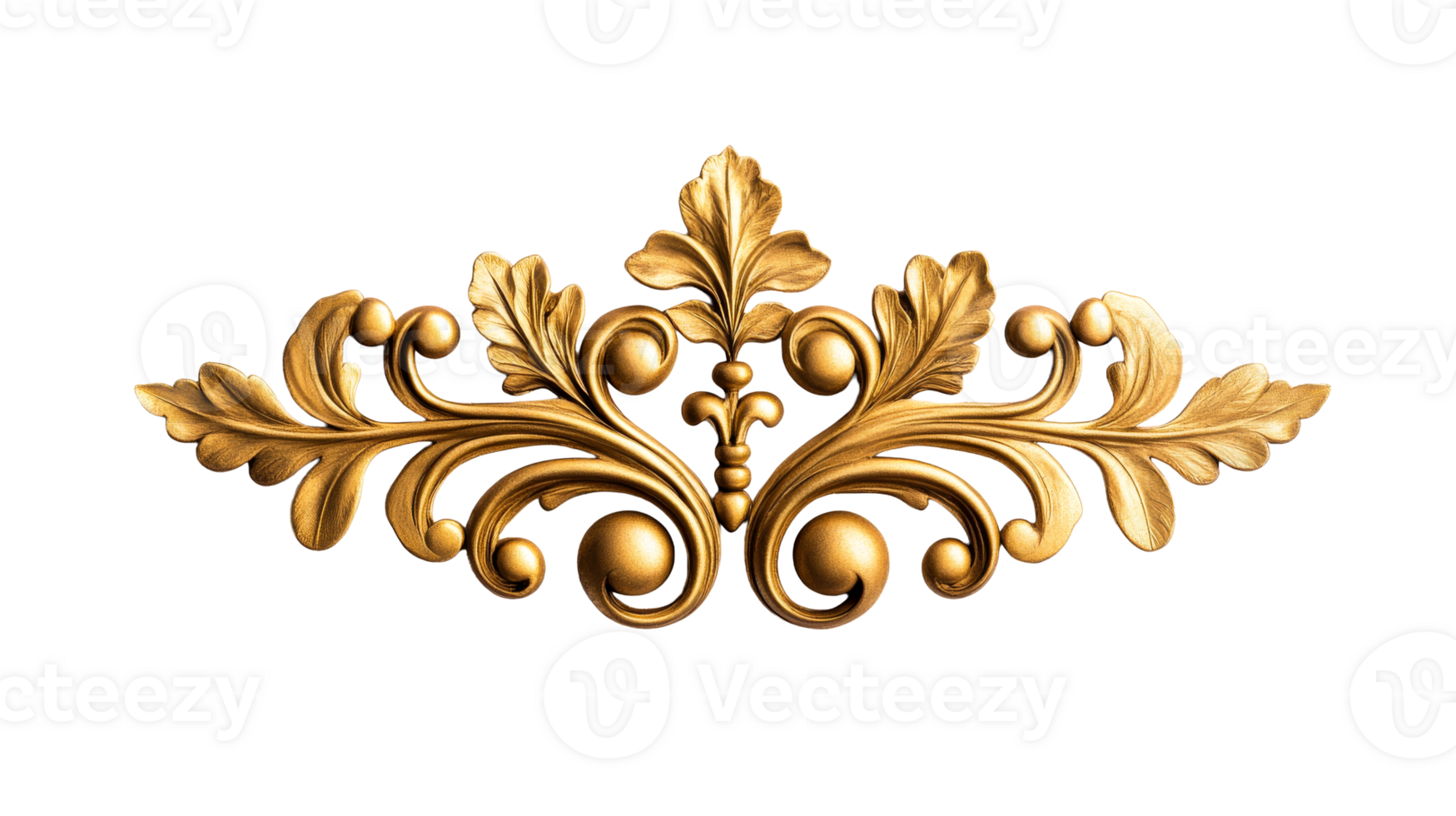 Golden ornament with leaves and spheres, isolated on black, cut out transparent png