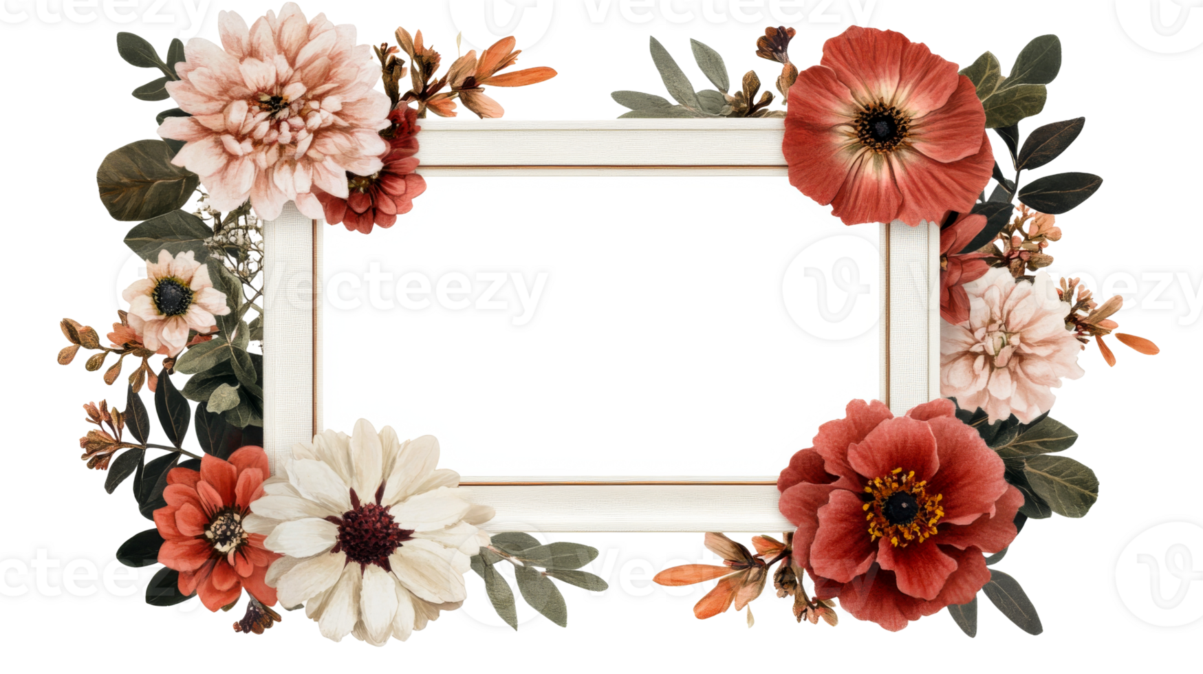 Floral frame with red and beige flowers illustration, cut out transparent png