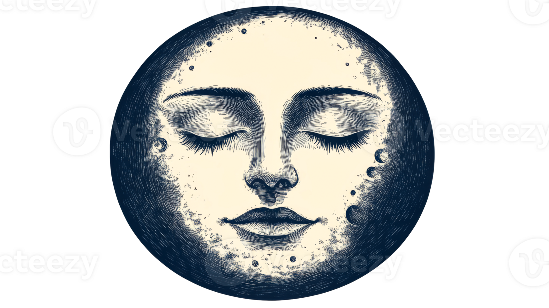 Serene moon face with closed eyes, fantasy drawing, cut out transparent png