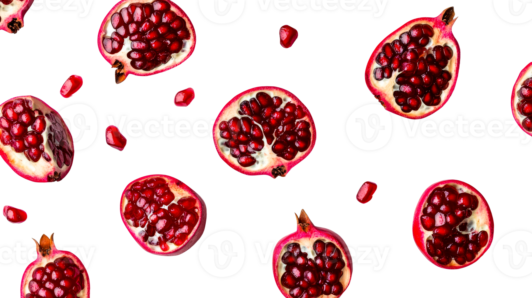 Ripe pomegranate sections, vibrant seeds in black arrangement, cut out transparent png