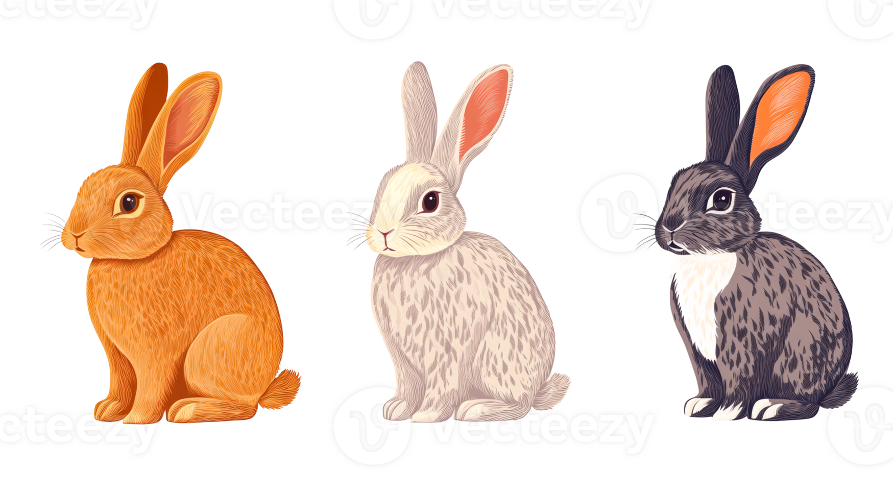 Three bunnies with different fur colors, side view, cut out transparent png
