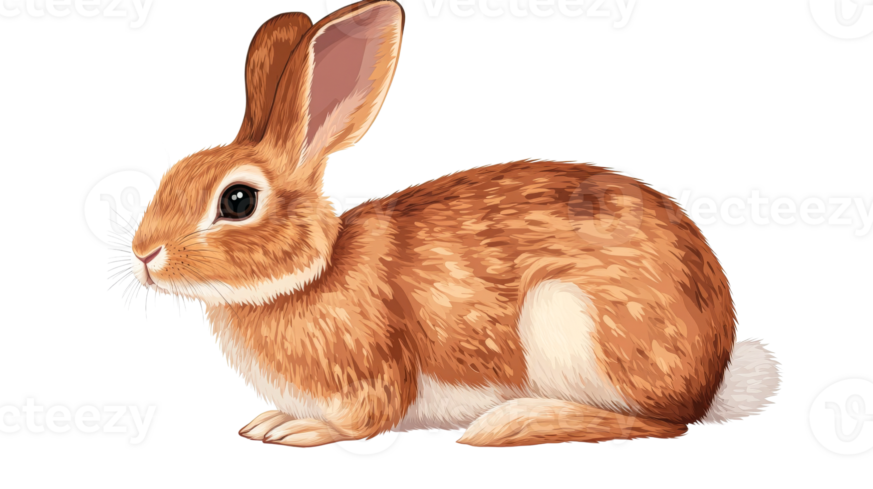 Brown rabbit looking left in detailed drawing, cut out transparent png