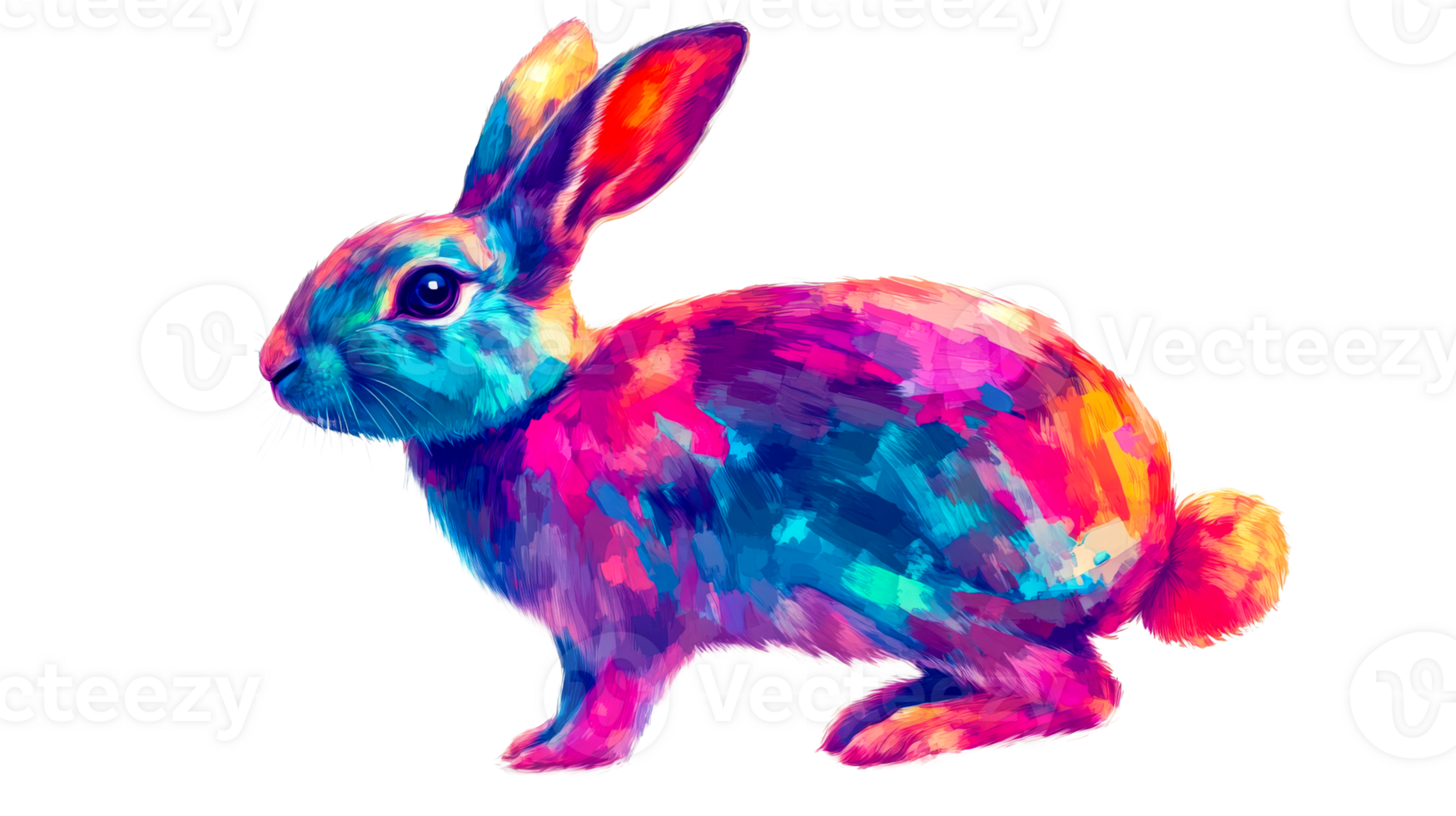 Colorful painting of a rabbit with long ears on black background, cut out transparent png