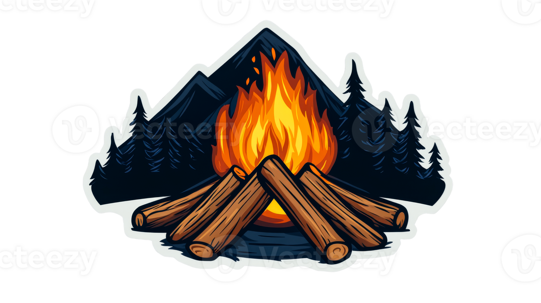 Camping bonfire with logs and forest trees, night scene, cut out transparent png