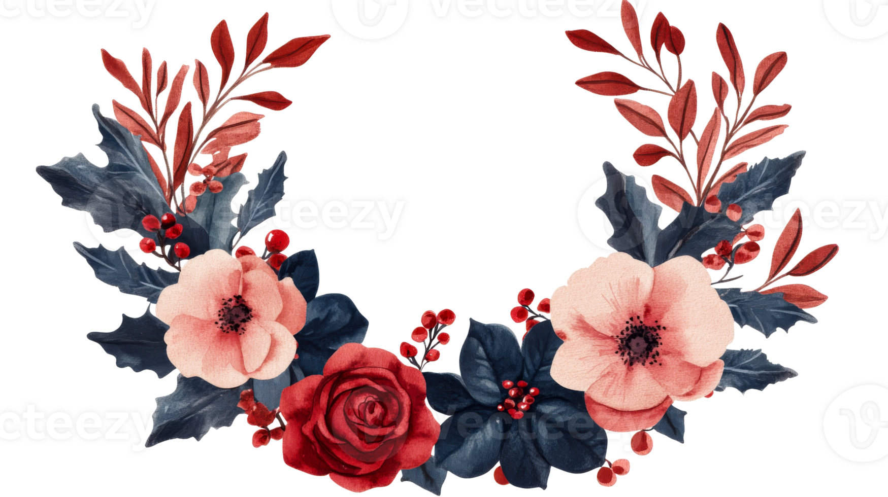 Watercolor Flower Wreath with Berries and Leaves, cut out transparent png