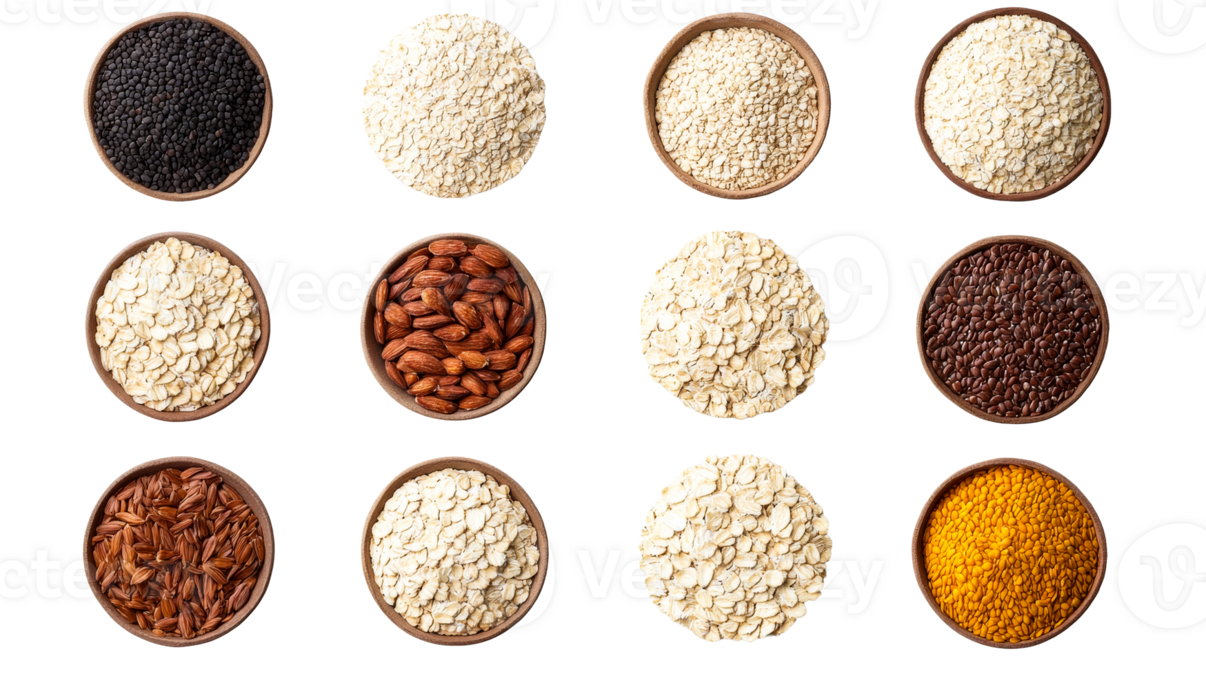 Assorted grains and seeds in bowls, cut out transparent png