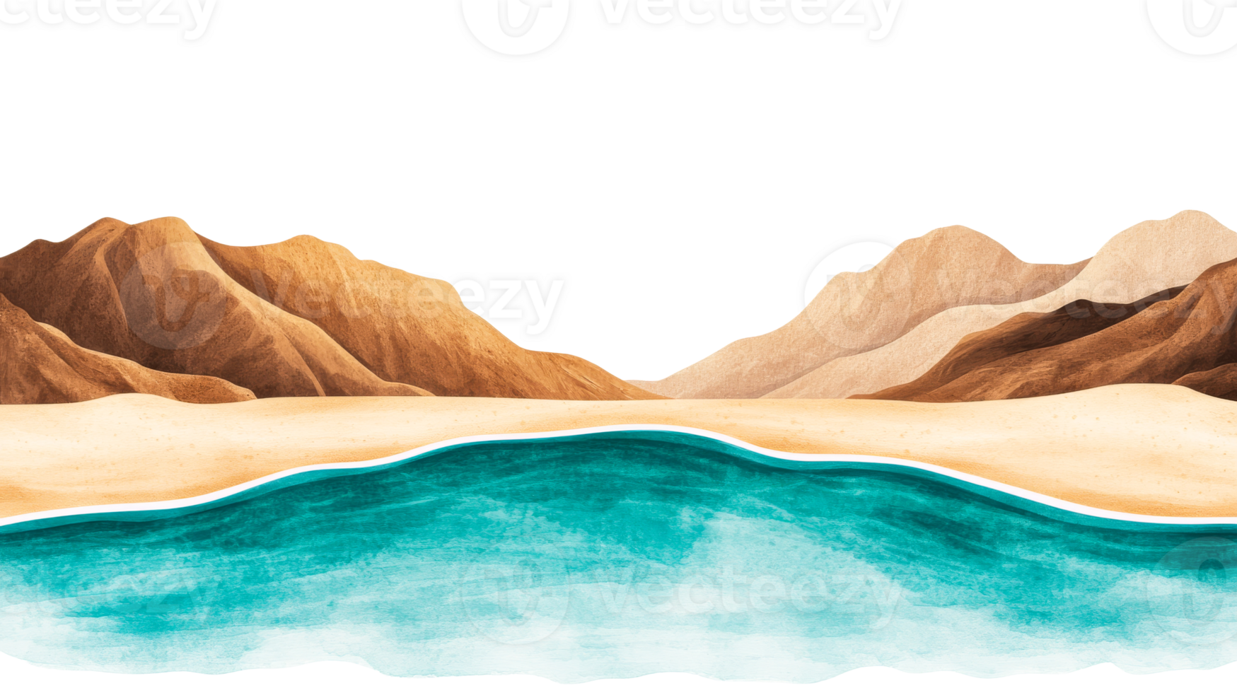 Desert landscape with turquoise water and sand, cut out transparent png