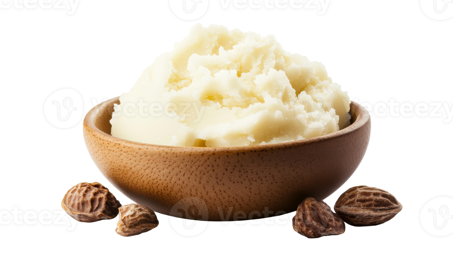 Shea butter in wooden bowl with nuts around, cut out transparent png