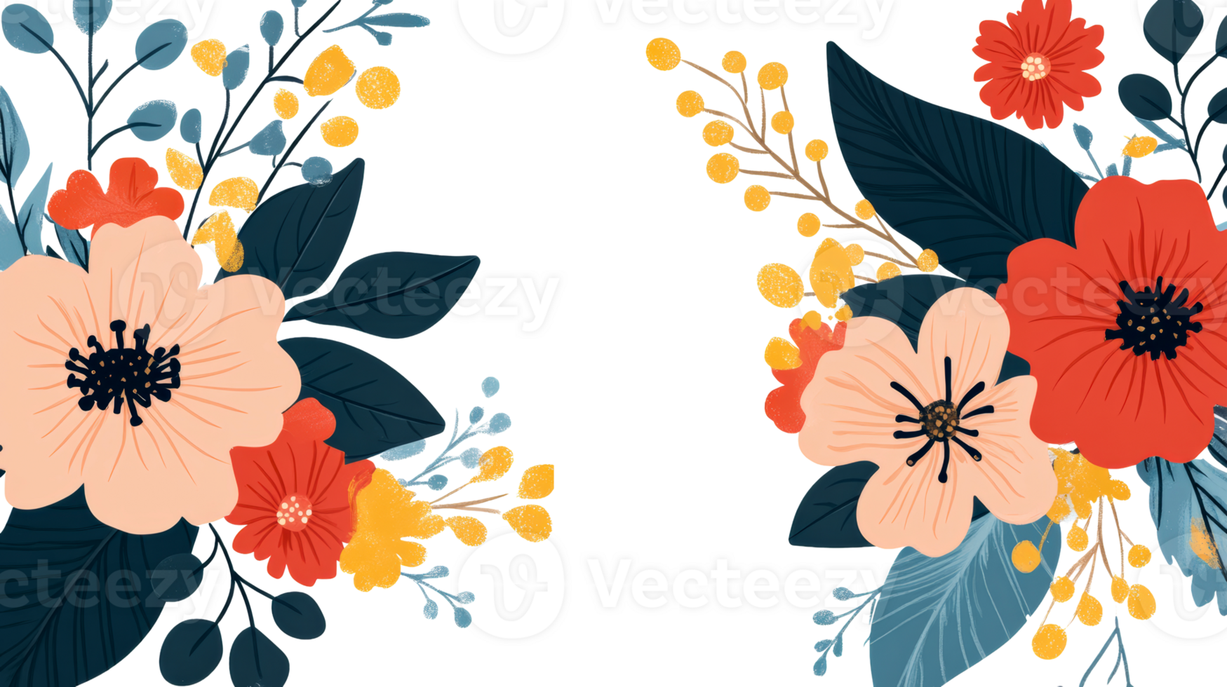 Floral bouquets with peach, coral, and yellow elements, cut out transparent png